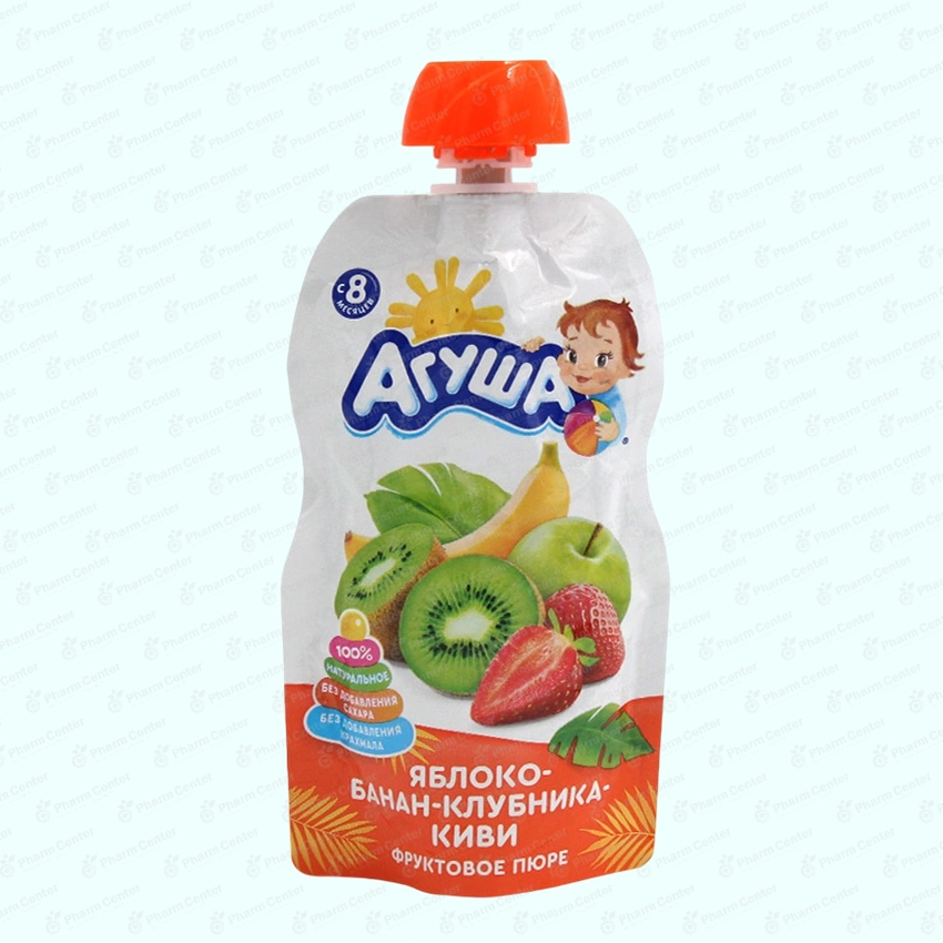 Агуша пюре фрукт, Яблоко банан клубника киви с 6мес. 90г пауч